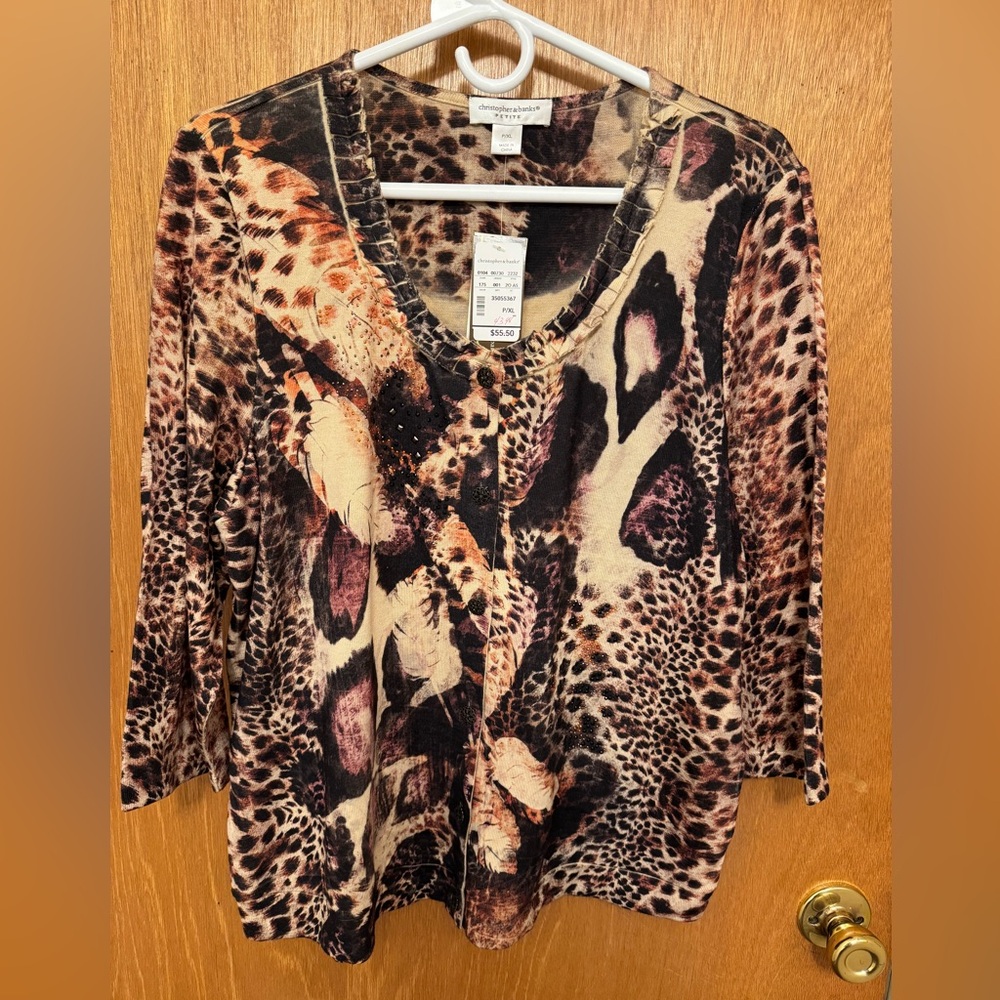 Sz P/XL Christopher Banks Y2K sweater stud embellished cheetah print NWT.